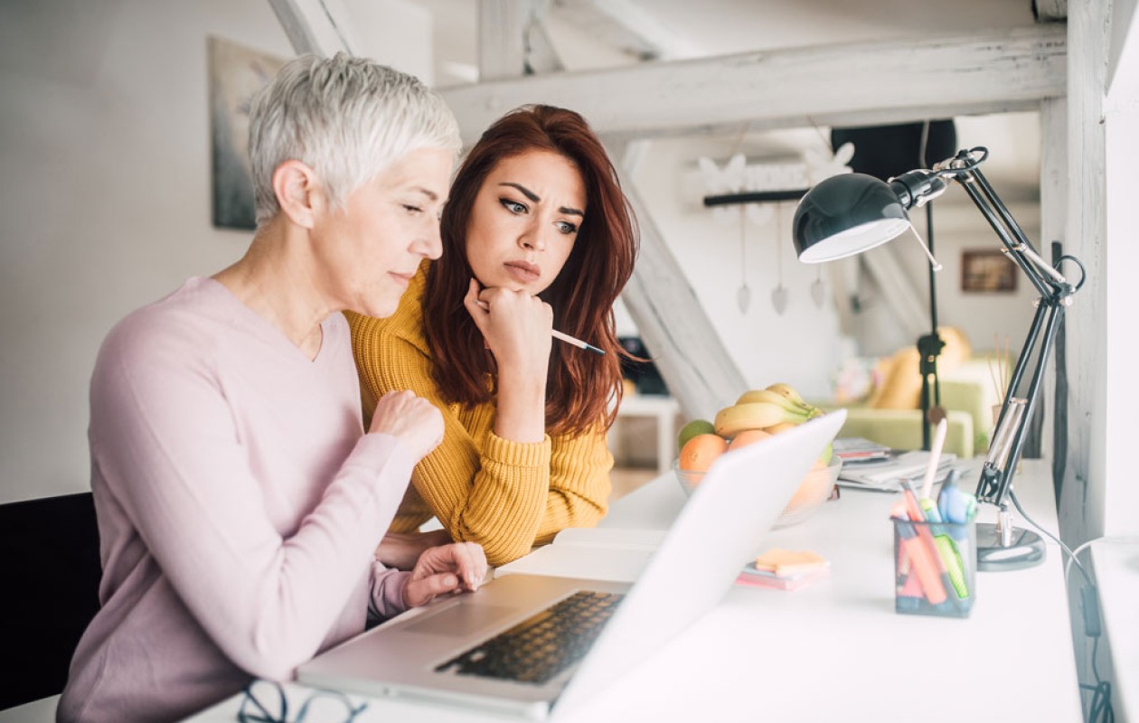 Old and young ladies looking at a computer