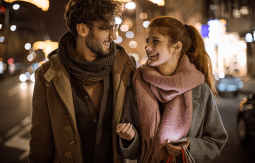 Smiling couple talking when walking in the streets at night